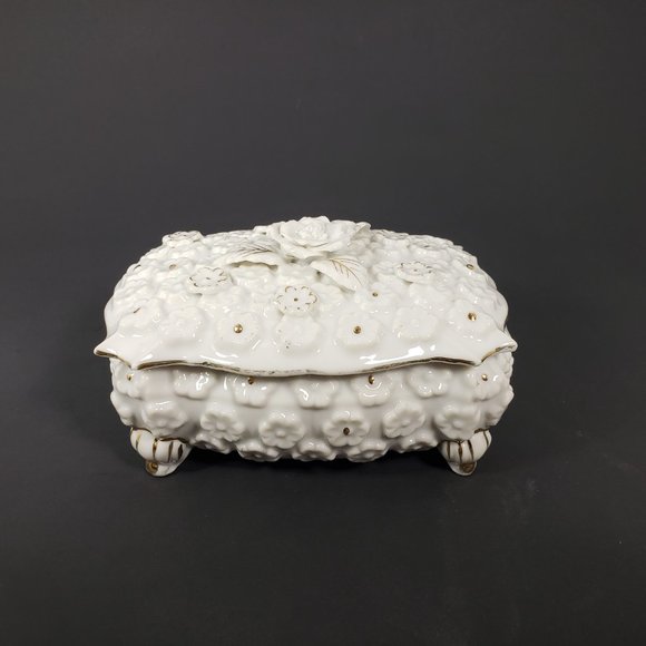 Collectible Ardalt Japan White Ceramic Jewelry Box with Roses and Gold Accents - Picture 1 of 8